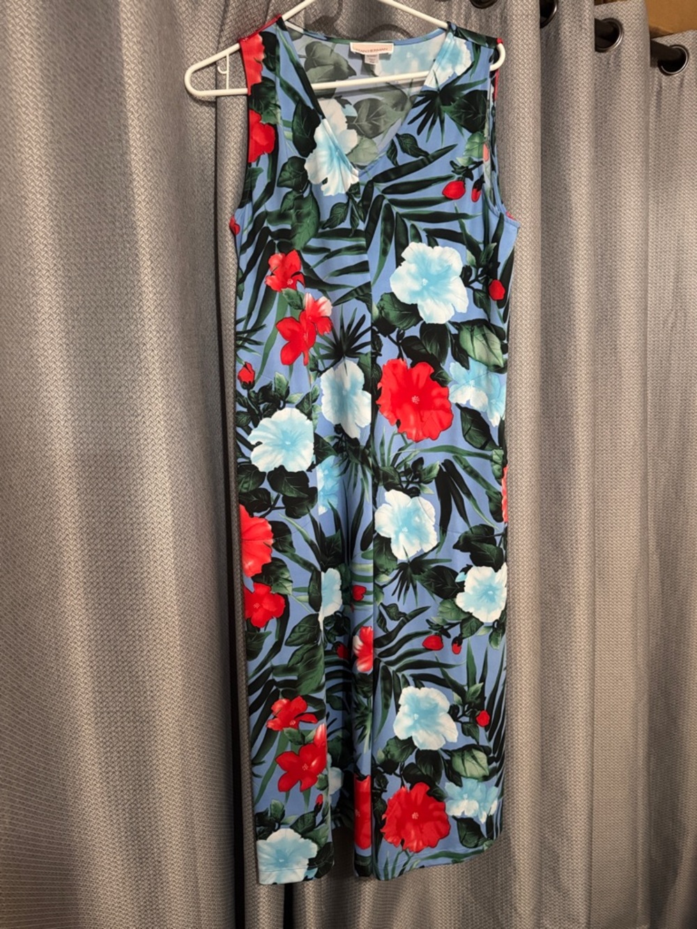 Sleeveless Blue Floral Midi Dress with Red & White Blooms
